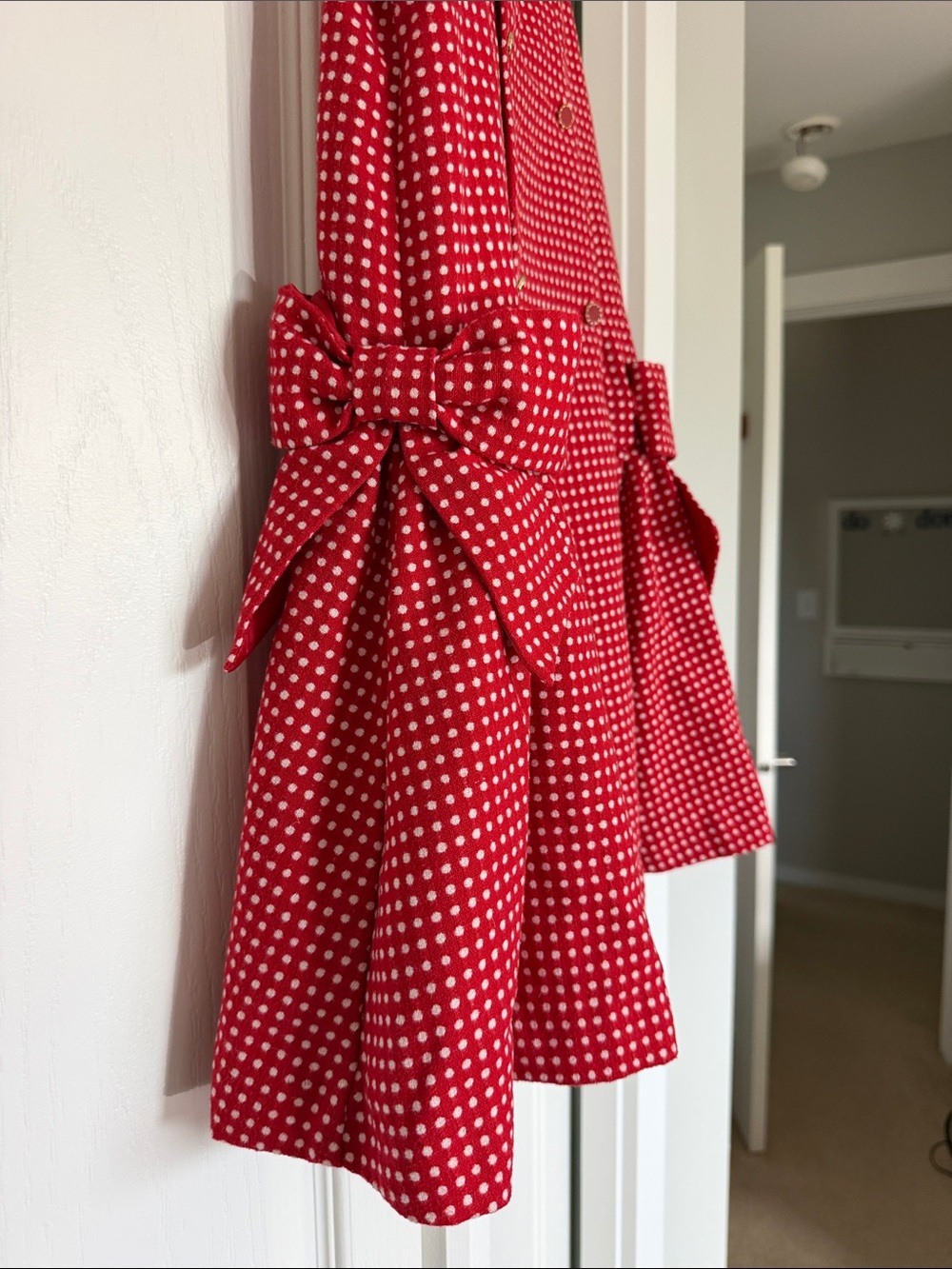 Red Polka Dot Girls' Dress - Classic Sleeveless Pinafore in Wool - Picture 2 of 5